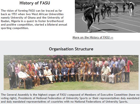 Website contents about history of FASU