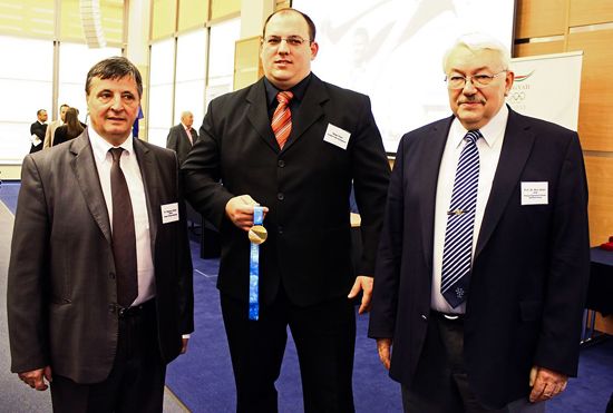 Zoltan Magyar, Vice-President of Hungarian Olympic Committee, Peter Nagy and Adam Kiss, President of HUFS