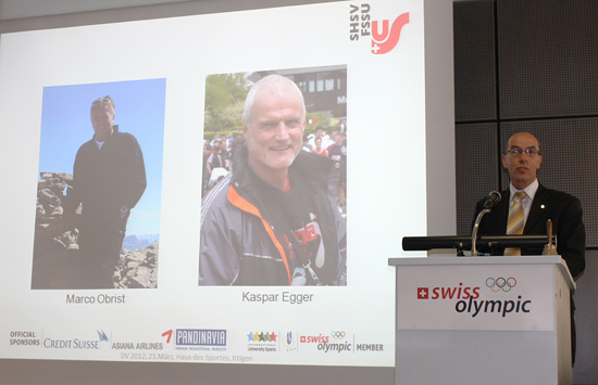 Leonz Eder, presenting a laudation for the new Honorary members Kaspar Egger and Marco Obrist