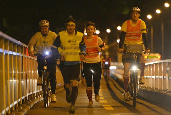 Athletes challenging the distance at night...