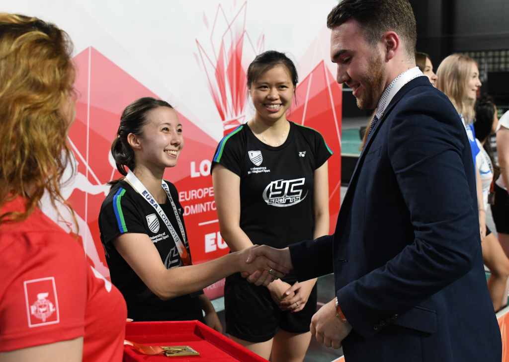 Liam awarding medals at the European Universities Badminton Championship in Lodz