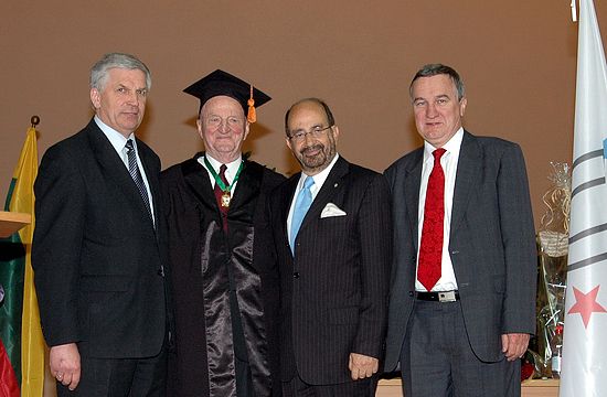 from the left: the President of Lithuanian student&rsquo;s sports association (LSSA) Mr. Ceslovas Garbaliauskas, the President of International university sports federation (FISU) Mr. George Killian, the President of European university sports association (EUSA) Mr. Alberto Gualtieri, Member of FISU EC Mr. Marian Dymalski